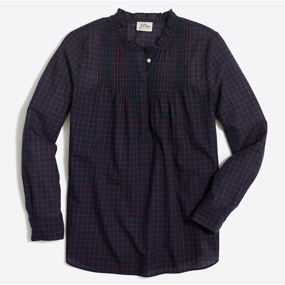 J. Crew Blue Red Windowpane Cotton Poplin Pintuck Popover Blouse Top Shirt 0 XS - Picture 2 of 9